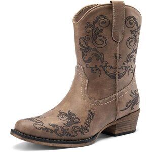 🆕Women Cowboy Cowgirl Ankle Boots Low Chunky Heel Square Toe Brown Faux Leather